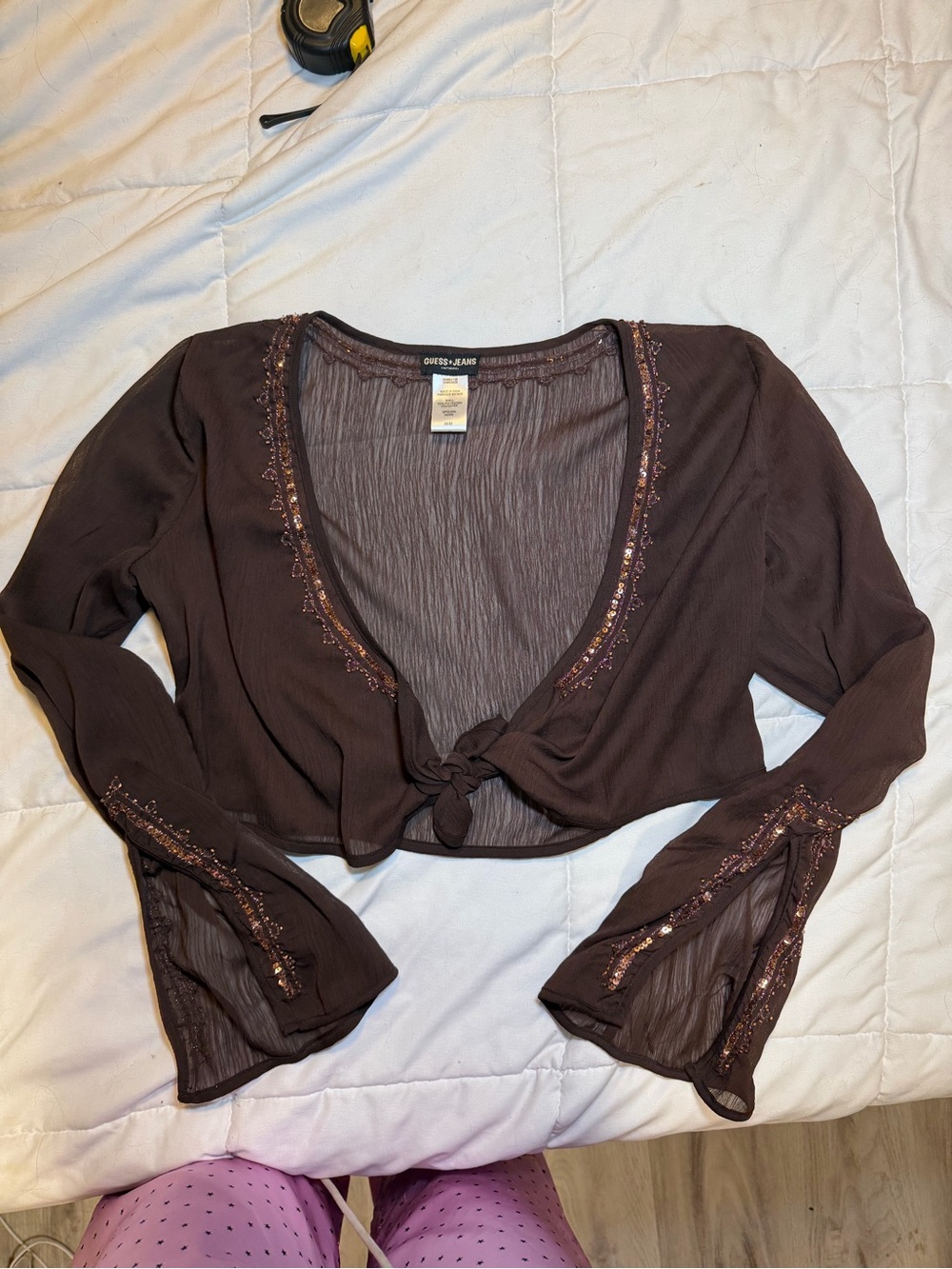 Guess Brown Tie-Front Embellished Cropped Top